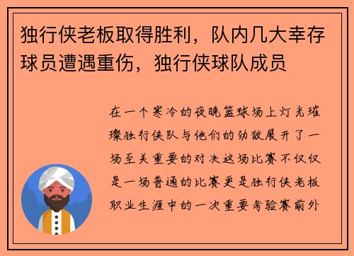 独行侠老板取得胜利，队内几大幸存球员遭遇重伤，独行侠球队成员