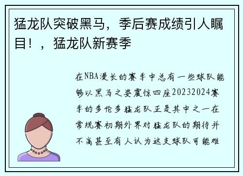 猛龙队突破黑马，季后赛成绩引人瞩目！，猛龙队新赛季