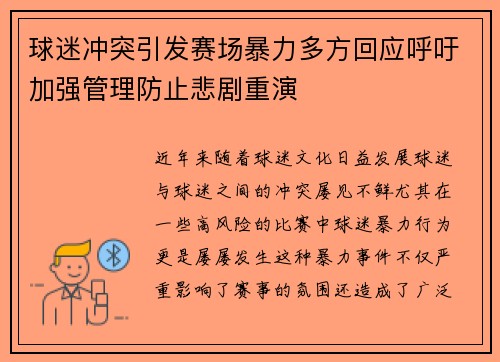 球迷冲突引发赛场暴力多方回应呼吁加强管理防止悲剧重演